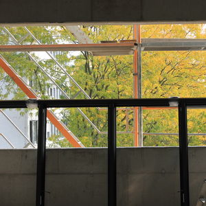 Fall approaches – tree leaves turn golden, seen from the construction site…