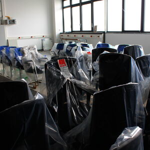 Finally: the office furniture is here! The new chairs are stored at the moment in the future production hall…