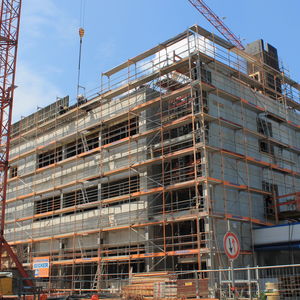 The elevator shaft is cased off during the works on the 4th floor, where the future training rooms will be…