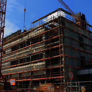 The elevator shaft is cased off during the works on the 4th floor, where the future training rooms will be…